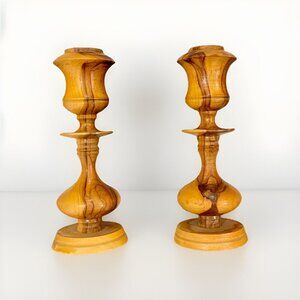 2ct Vintage 50’s Hand Turned Wood Candle Holders Retro Burl Candlesticks 60s MCM
